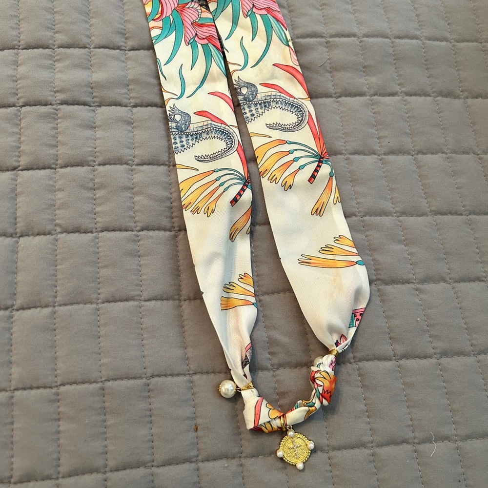 Floral Print Silk Neck Scarf with Charm - Cream, Pink, Teal, Yellow